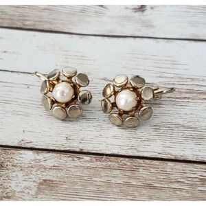 Vintage Clip On Earrings - Unusual Faux Pearl with Flower Halo
